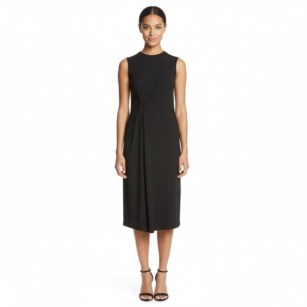 Vince Side Gathered Stretch Knit Dress Medium Black Sleeveless Knee Minimalist